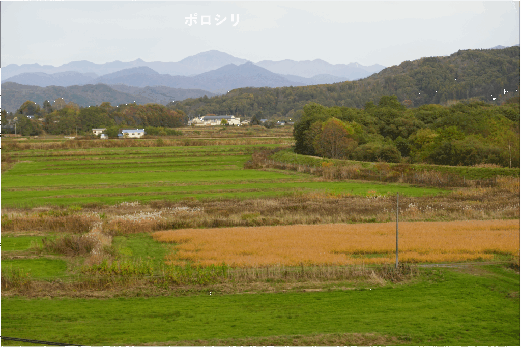↑ 額平川河畔の農地越しにポロシリを望む景観